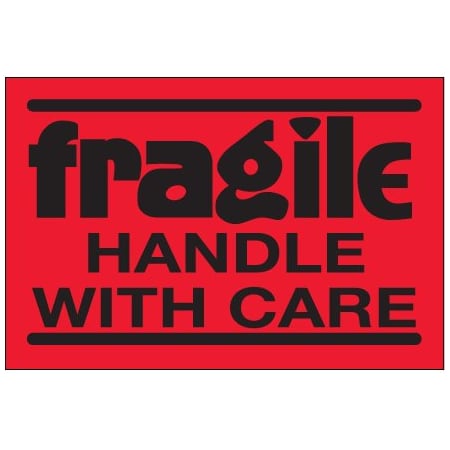 Bsc Preferred 2 x 3'' - ''Fragile - Handle With Care'' Fluorescent Red Labels, Style 2, 500PK BUY00021153